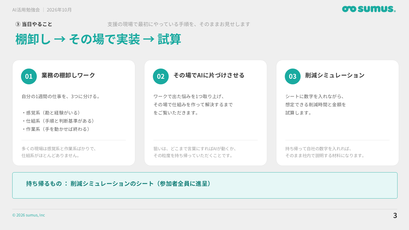 当日のスライドより：棚卸し → その場で実装 → 試算